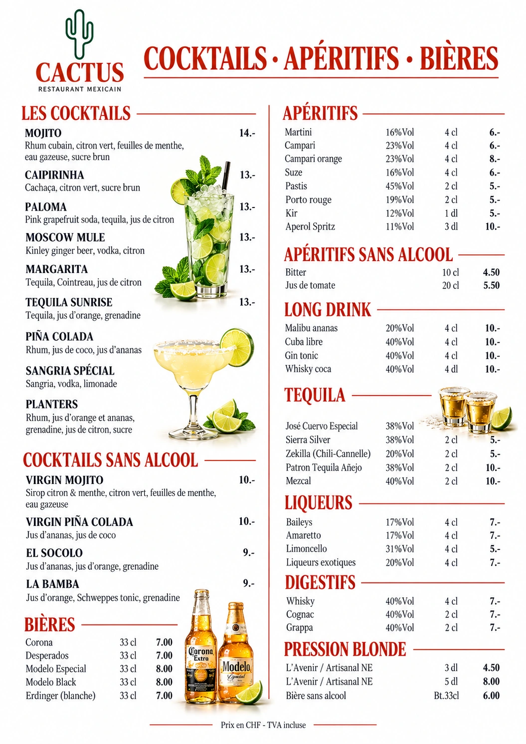 Carte des cocktails, mojitos, margaritas, apéritifs, tequilas et bières du Cactus à Neuchâtel